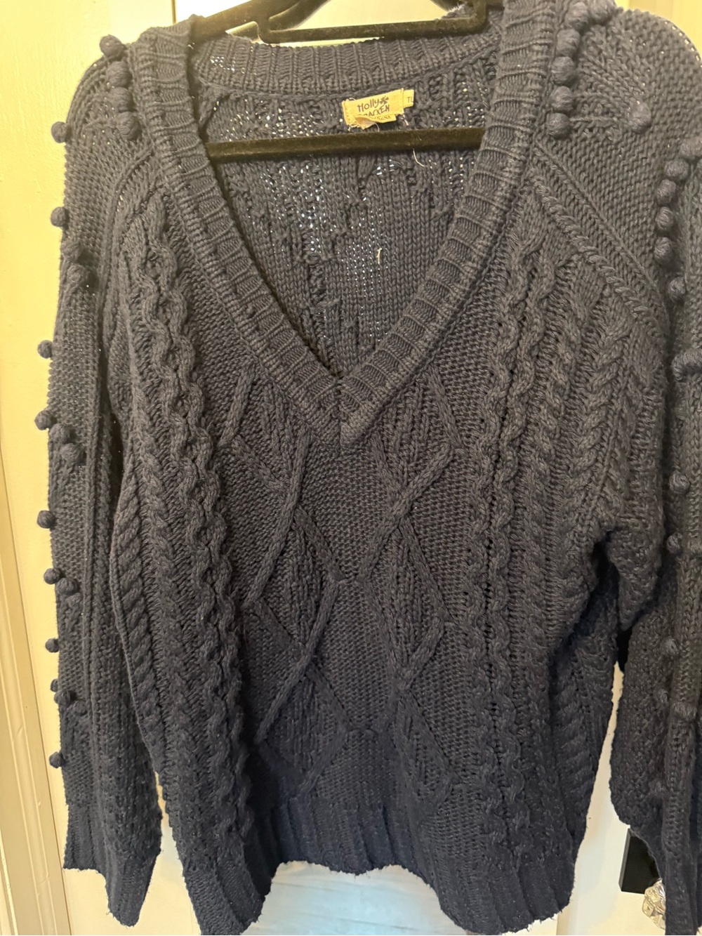 Molly Bracken Navy Cable-Knit V-Neck Sweater